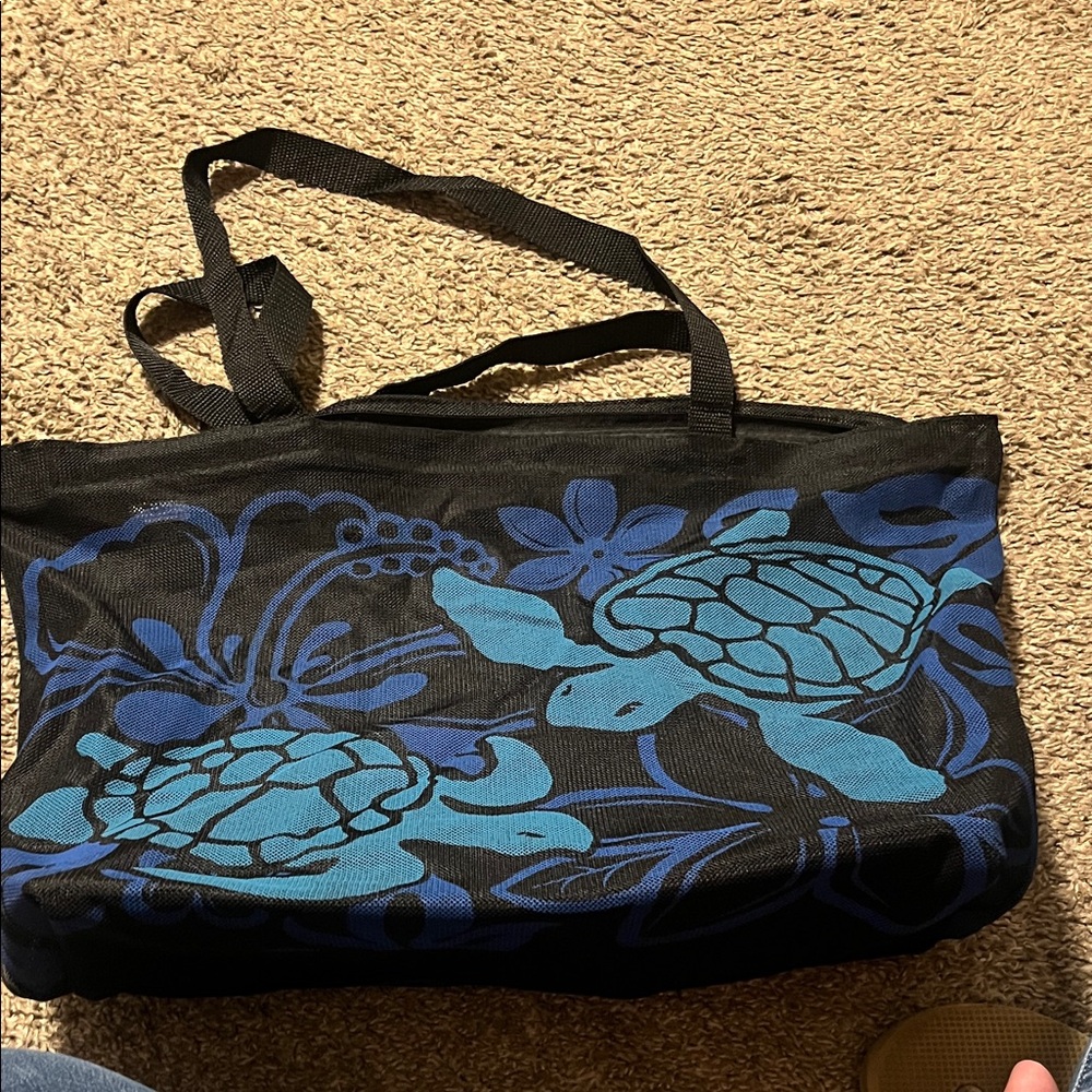 Black Tote with Blue Turtle Print